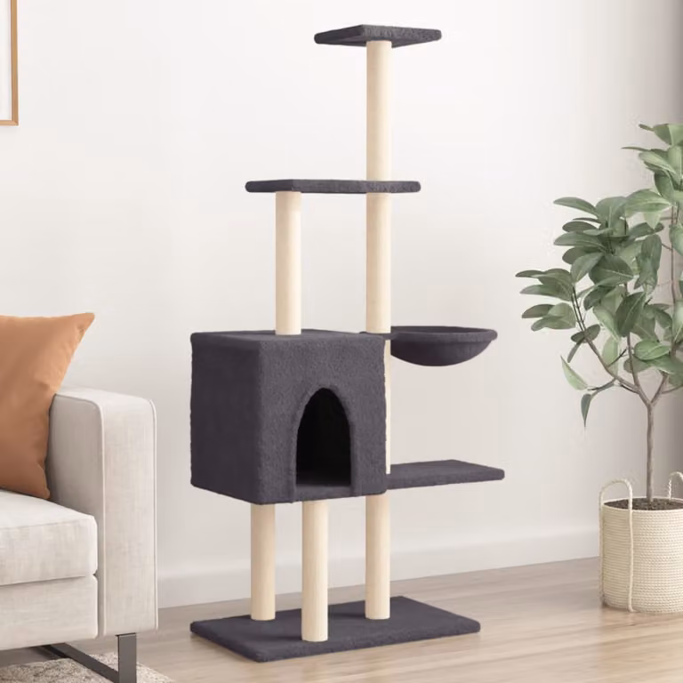 Albero per gatti vidaXL con tiragraffi in sisal e amaca, colore grigio, Altezza: 145 cm