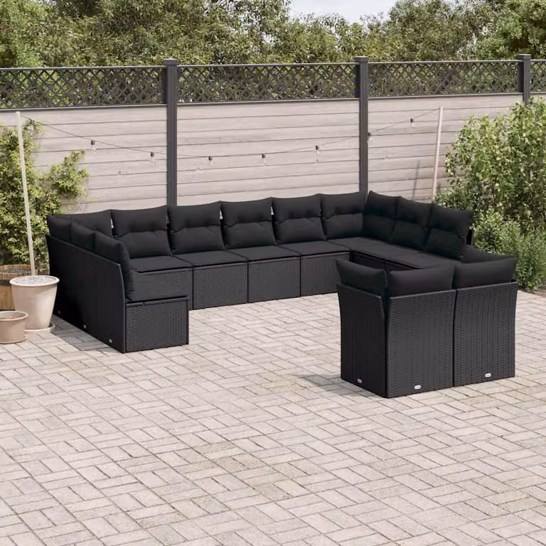 Set di Divani da Giardino vidaXL a Forma di U con Cuscini, Nero, in Polyrattan e Metallo