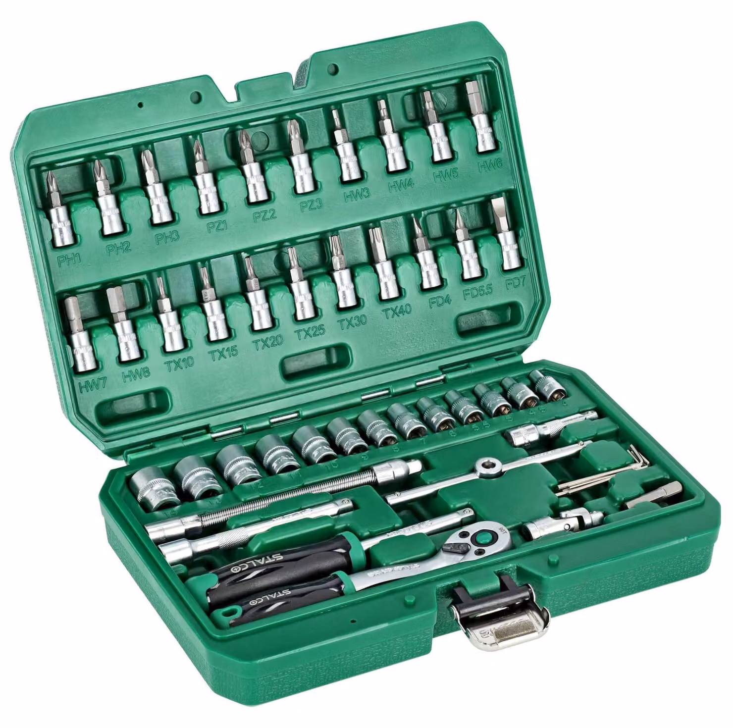 Set di chiavi a bussola da 1/4", valigetta BMC, 48 pezzi, con cricchetto a 90 denti, chiavi a bussola STALCO S011100048