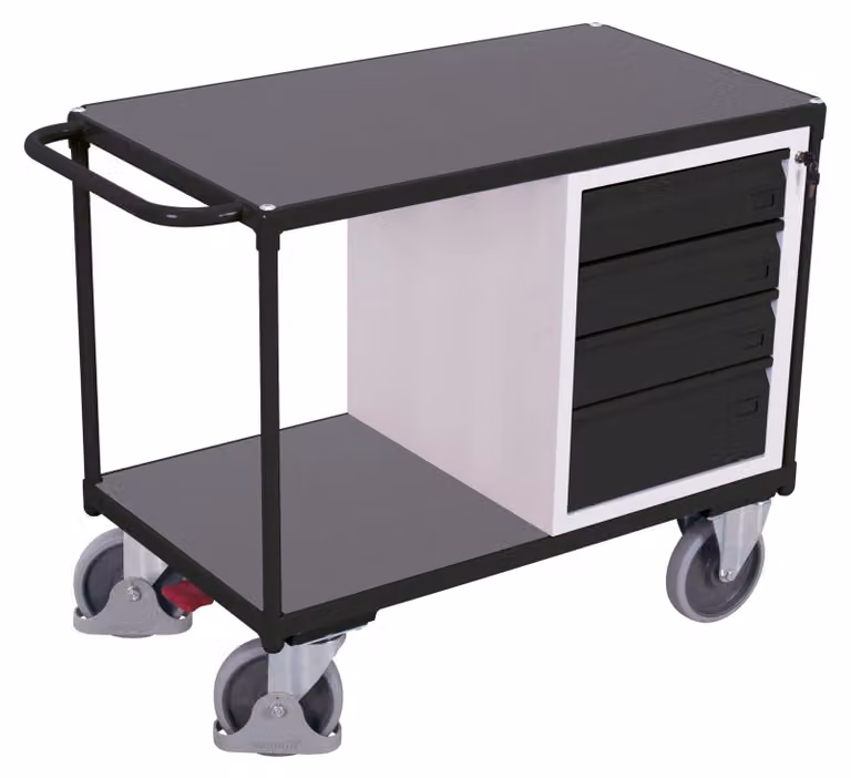 Carrello da officina VARIOfit con maniglia scorrevole, 4 cassetti e 2 ripiani, capacità di carico 500 kg, colore grigio antracite RAL 7016