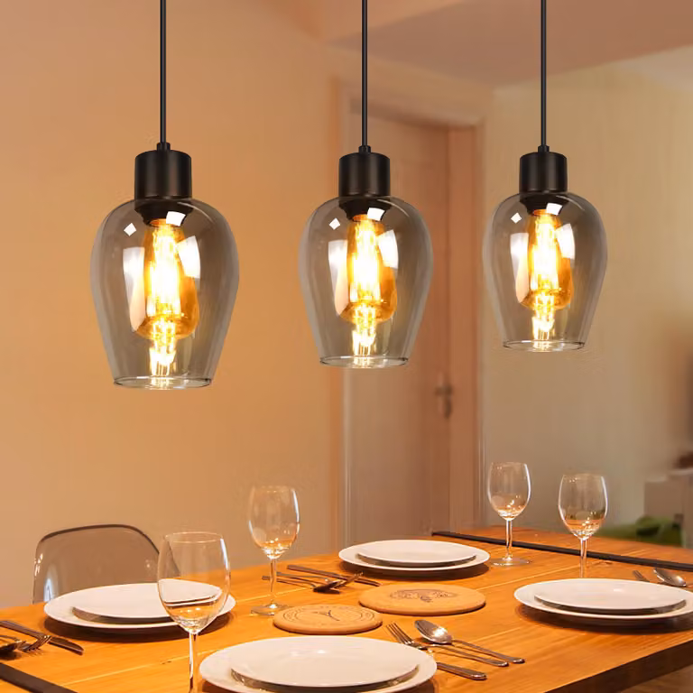 Lampada a sospensione ZMH, nera, a 3 luci, con vetro fumé, stile vintage, ideale per tavoli da pranzo, cucine, soggiorni, hotel, scale. Lampada da cucina retrò, attacco E27