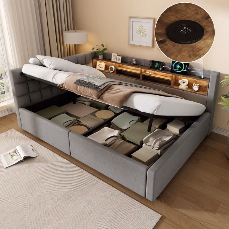 Divano letto Flieks 140x200 cm con USB e rivestimento in ecopelle, letto imbottito per ragazzi con contenitore a sollevamento idraulico e ripiani, divano letto "daybed" in lino, colore grigio