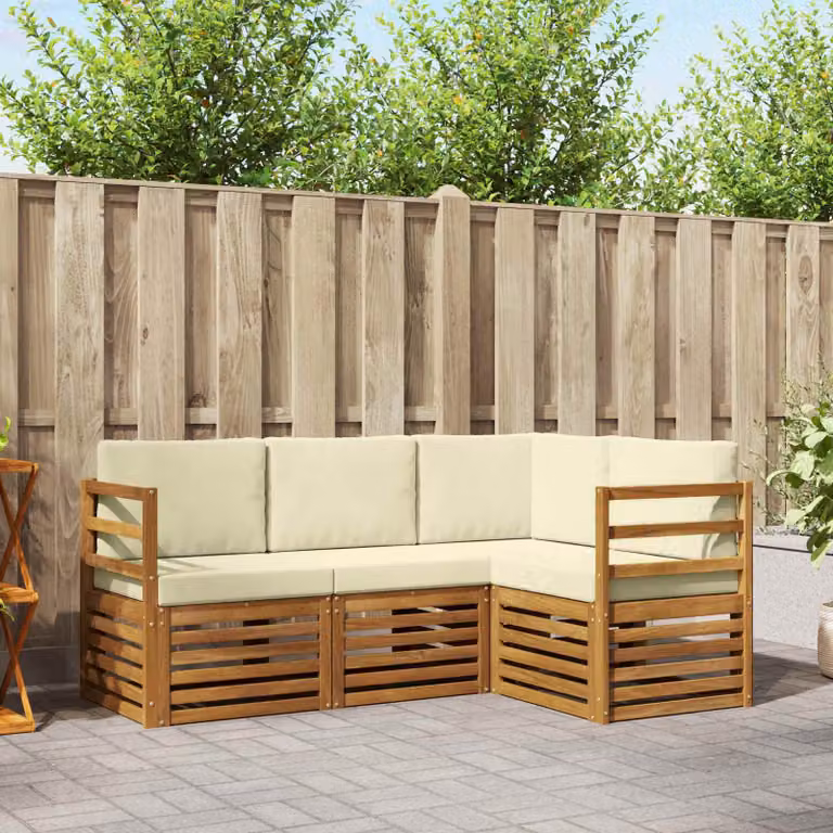 Set di divani da esterno vidaXL 4 pz a forma di L in legno di acacia con cuscini beige e bianco