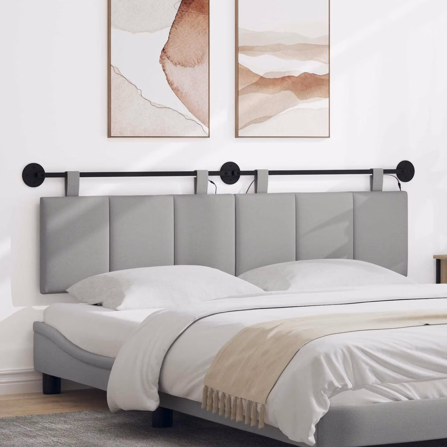 Testiera da letto sospesa vidaXL con luce LED integrata in tessuto Grigio Nuvola