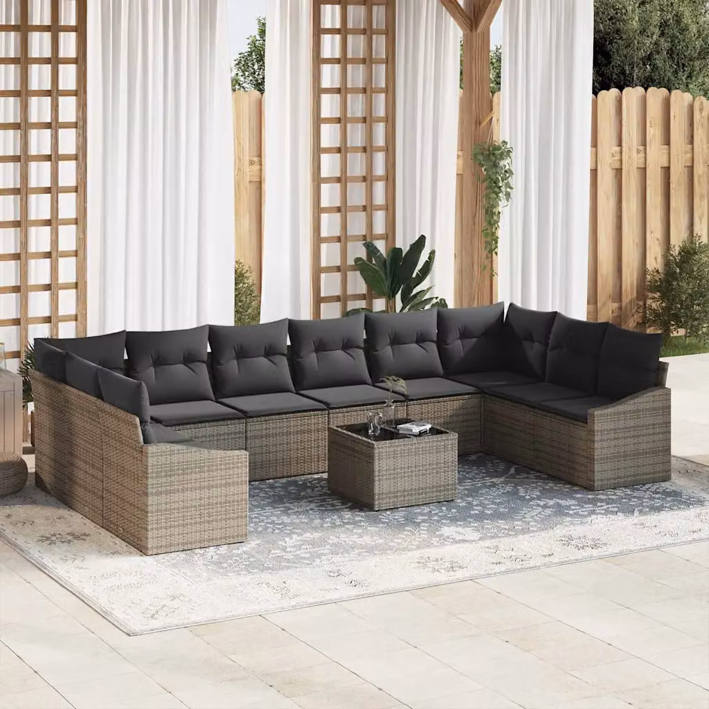 Set di divani da giardino vidaXL a forma di U in rattan grigio con 11 pezzi e cuscini inclusi – 1