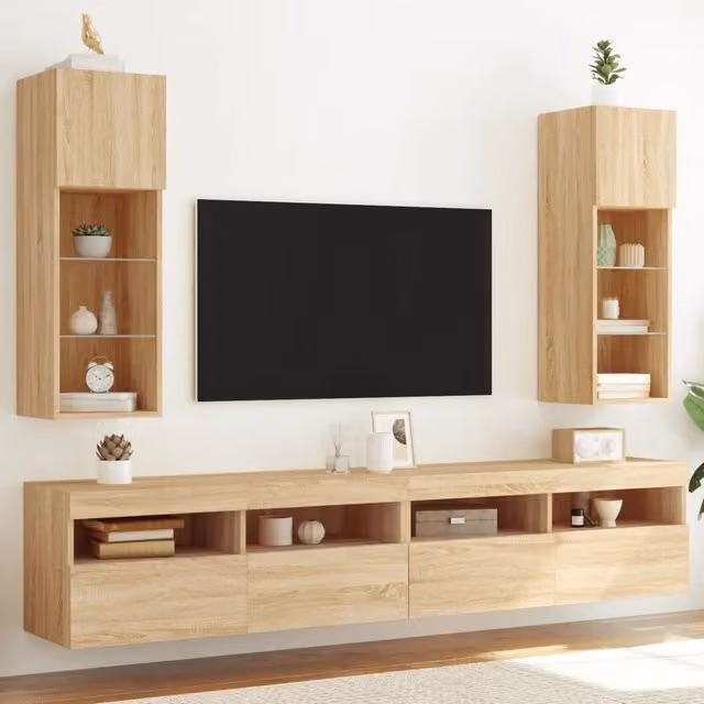 Set di 2 mobili porta TV sospesi vidaXL con luci LED integrate in legno color rovere, L/P/H: 30,5 x 30 x 90 cm