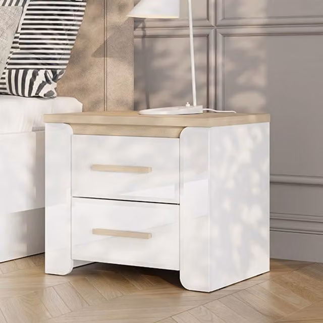 Comodino DMORA Yamba con 2 cassetti in finitura bianco opaco e rovere, L 58 cm x P 40 cm x H 50 cm – 1