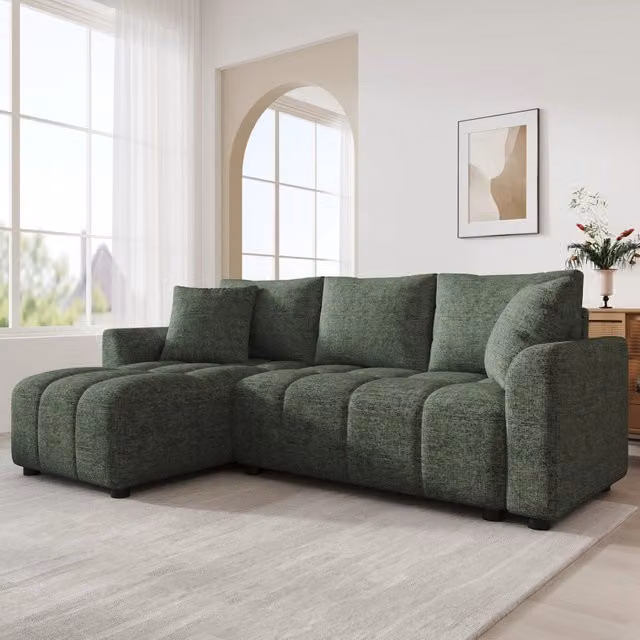 Divano angolare modulare 3 posti 204x127x82;5 cm; con cuscini decorativi; per soggiorno e appartamento; tessuto in ciniglia; verde