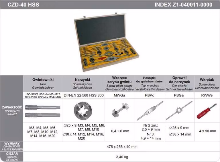 Set di 40 pezzi di maschi + matrici Fanar m3-m20 czb-40 hss