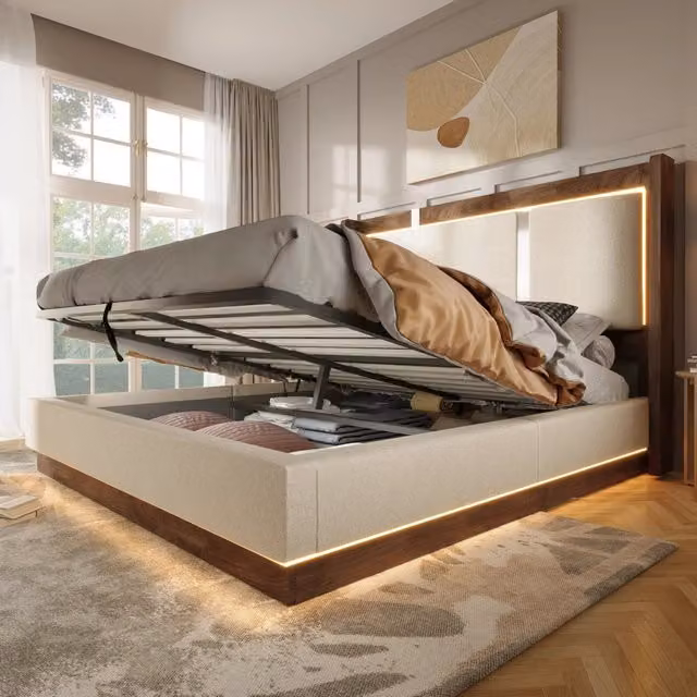 Letto matrimoniale 180x200 cm con contenitore, LED e rivestimento beige