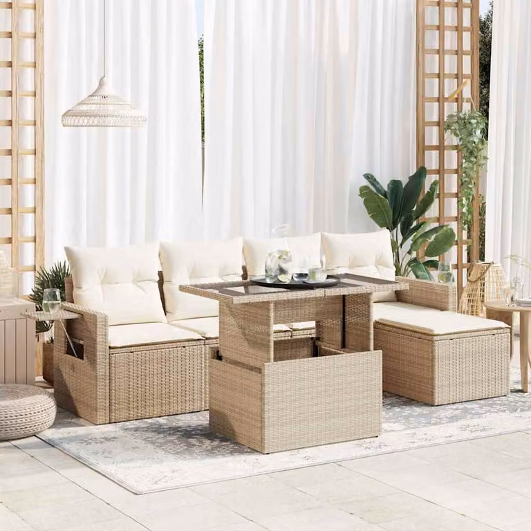 Set Divano da Giardino a L vidaXL in Polyrattan con Cuscini Beige e Tavolino, 6 Pezzi