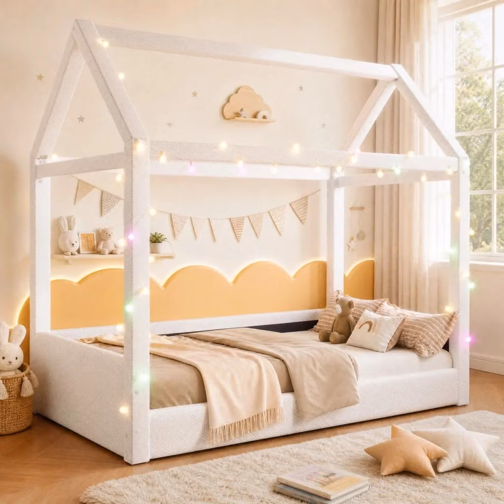 Letto a casetta imbottito MODFU per bambini con illuminazione LED sottostante, colore beige, L/P: 90 x 200 cm – 2