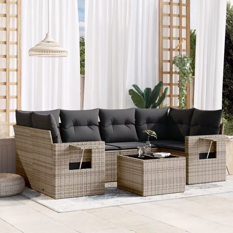 Set di Divani da Giardino vidaXL 7 pz in Polyrattan Grigio con Cuscini e Tavolino