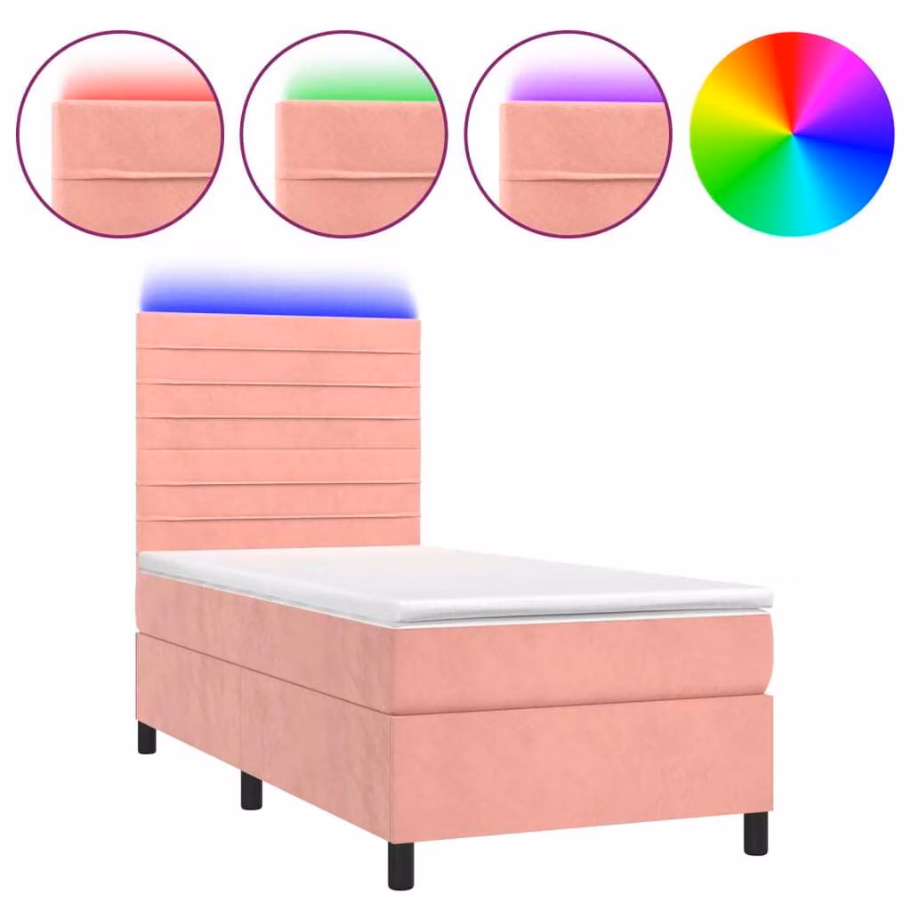 Letto a Molle con Materasso e LED Rosa 100x200 cm in Velluto
