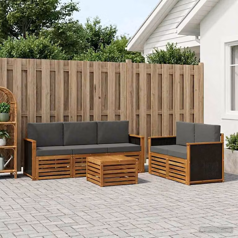 vidaXL Set di divani da esterno a L composto da 6 pezzi in legno di acacia con cuscini, Beige e Antracite