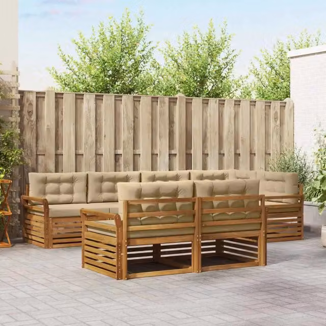 Set di divani da esterno a L vidaXL in legno di acacia con cuscini beige e marrone