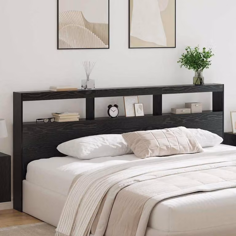 Testiera per letto moderna vidaXL in legno ingegnerizzato nero con illuminazione integrata, mensola e porta USB, L: 220 cm, H: 102 cm, P: 17 cm