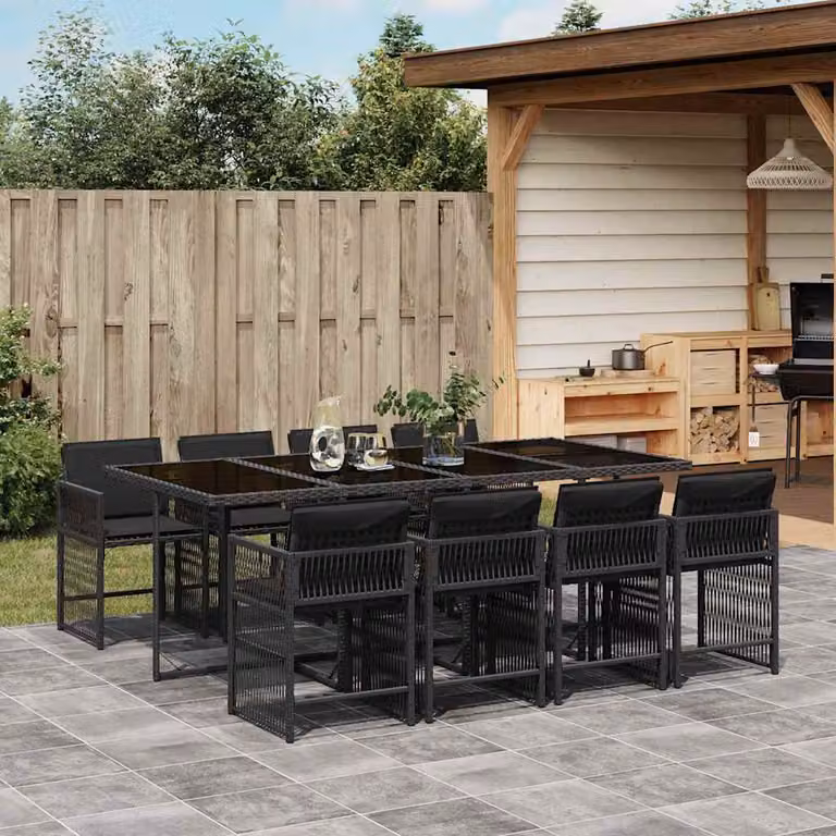 vidaXL Set da Pranzo da Giardino 9 pz in Polyrattan Nero con Cuscini e Tavolo in Vetro