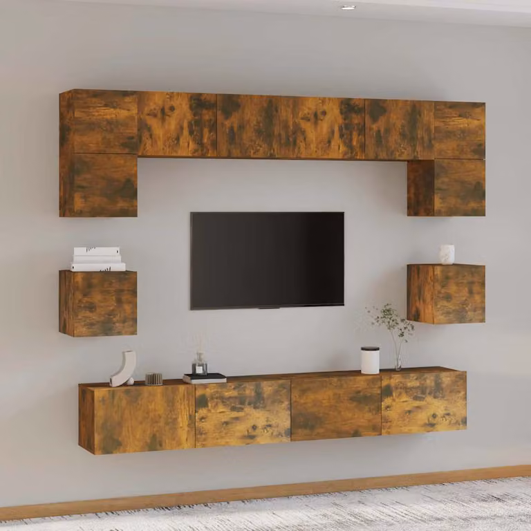 Set Mobili Porta TV vidaXL 8 Pezzi in Legno Multistrato Rovere Fumo Marrone Opaco