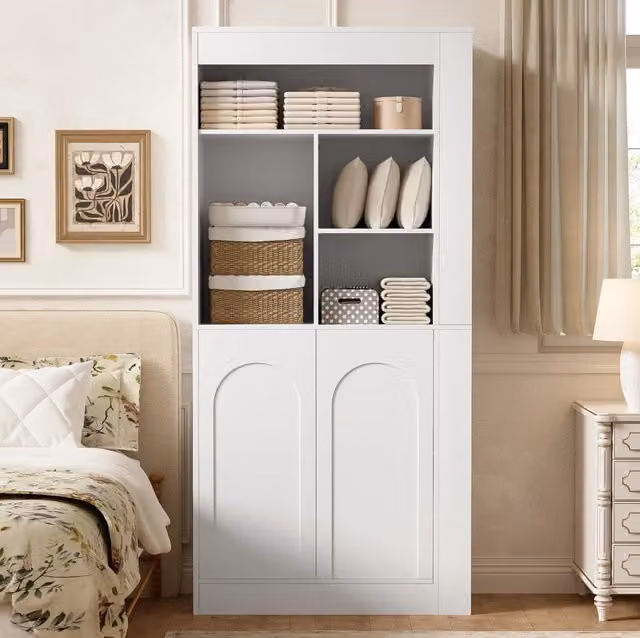 Armadio alto multifunzione con ripiani aperti; 2 ante; ripiani regolabili; 85x35x180 cm; bianco