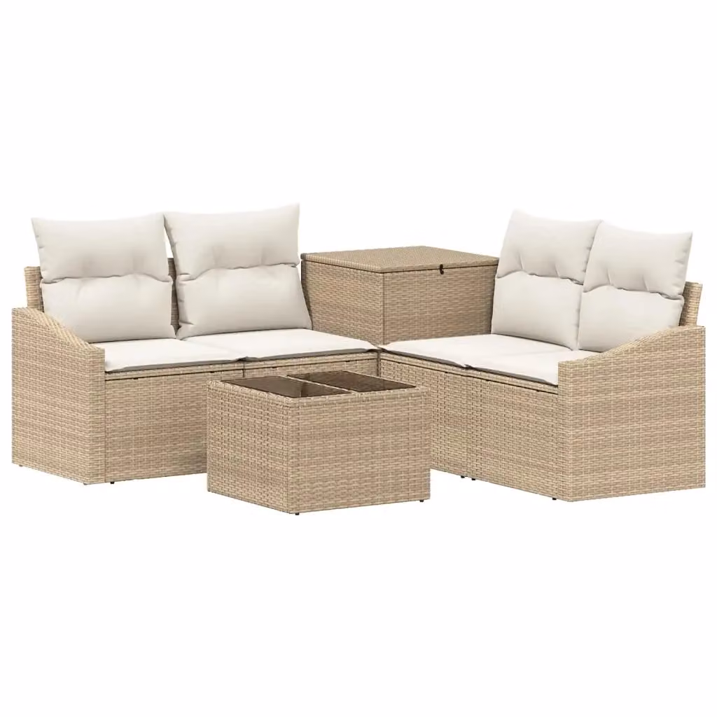 Set di divani da giardino a forma di U vidaXL in polyrattan beige e bianco con tavolino da caffè e pouf coordinato – 2