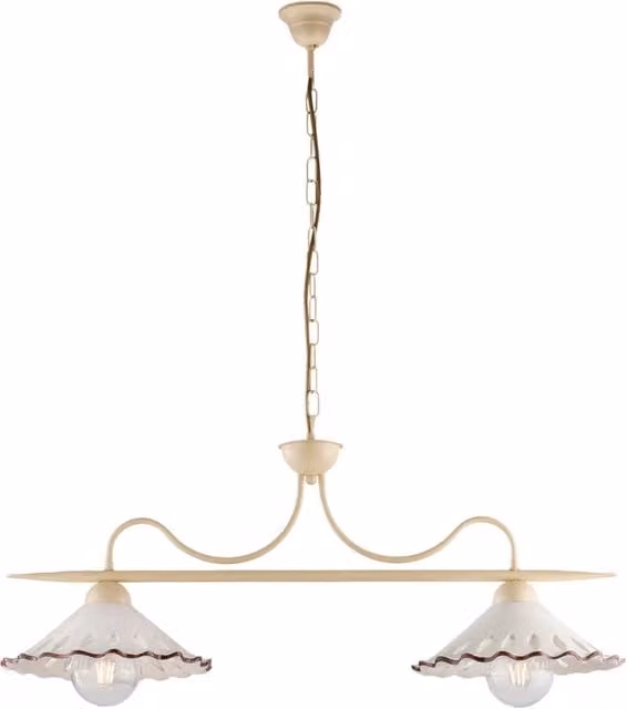 Lampadario a sospensione Osteria BELIGHT con 2 luci in ferro avorio decapè e coppe in ceramica decorata bianca e marrone