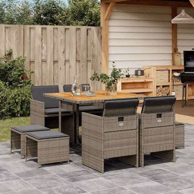 Set da Pranzo da Giardino 9 pz con Cuscini in Polyrattan Grigio 3277729
