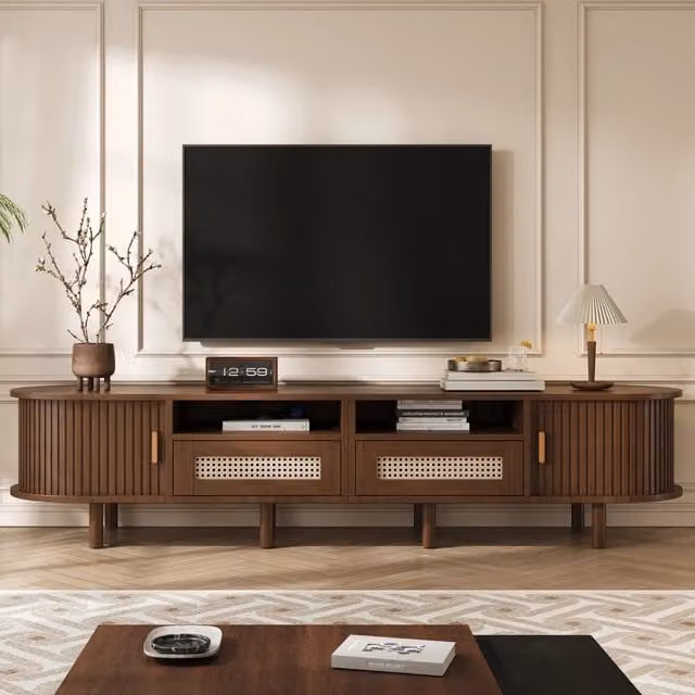 Mobile TV ovale con 2 cassetti effetto rattan e 2 ante scorrevoli in MDF con gambe in legno 170 × 40 × 40 cm