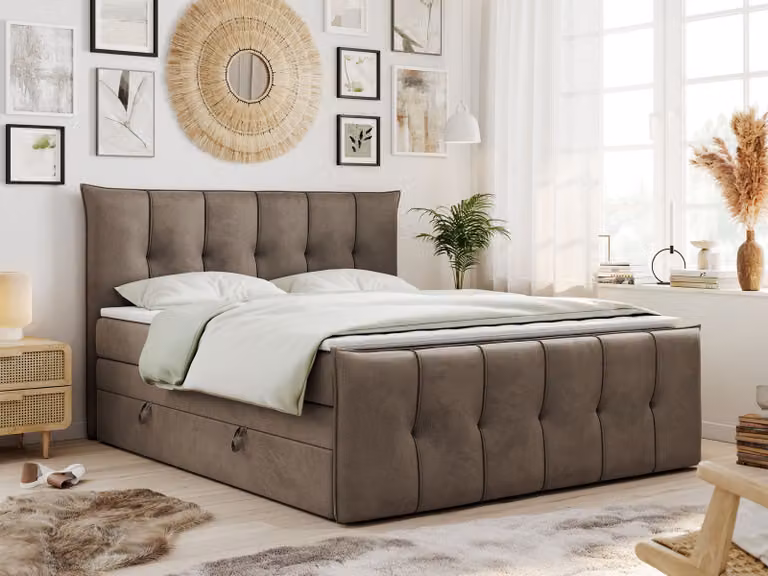 Letto boxspring King 160x200, Letto boxspring 160x200 con contenitore e materasso H3, letto imbottito 160x200 con materasso, letto 160x200 con contenitore, PREMIUM-11-KING - 160x200 - Marrone - Velvet - H3
