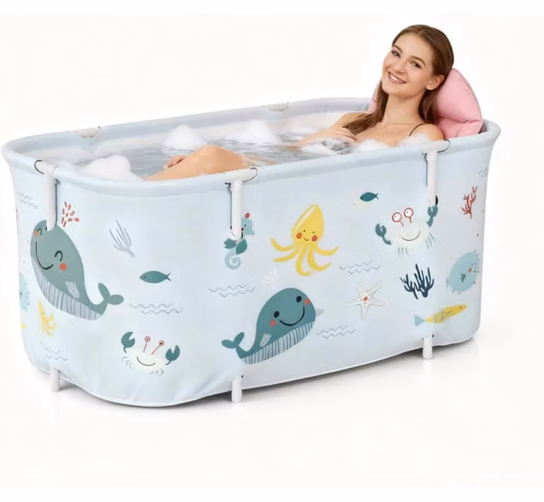 Vasca da bagno pieghevole, dimensioni 140x50x55 cm, con cuscino e schienale, impermeabile, per uso domestico