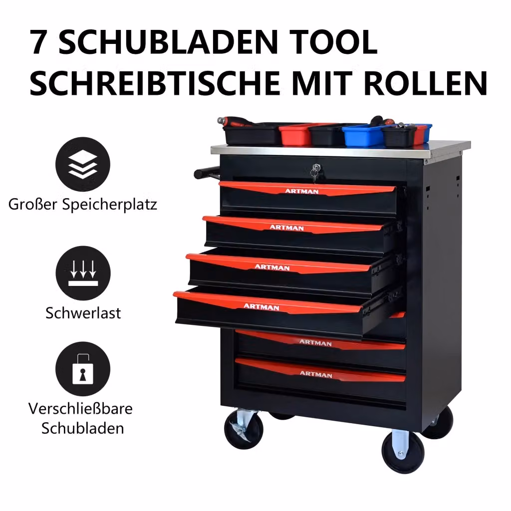 Carrello porta attrezzi REDOM con 7 cassetti in acciaio, con ruote e piano di lavoro, Nero/Rosso, L: 62,5 cm, P: 34,5 cm, H: 78 cm – 2