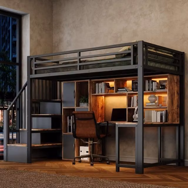 Letto a soppalco 90 x 200 cm; struttura in metallo; scala-armadio; ripiano contenitore; striscia LED; metallo; nero