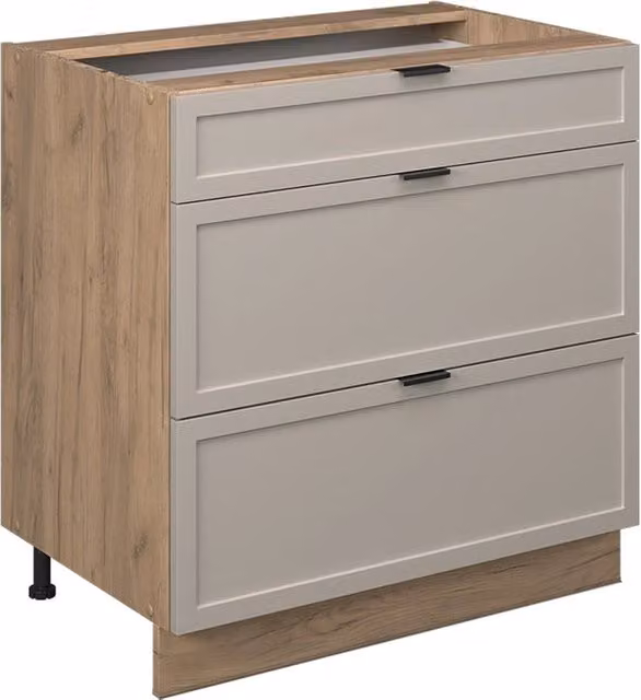 Mobiletto base per cucina Fame-Line GrigioBeige/Rovere dorato 80 cm con 3 cassetti, senza piano di lavoro Vicco