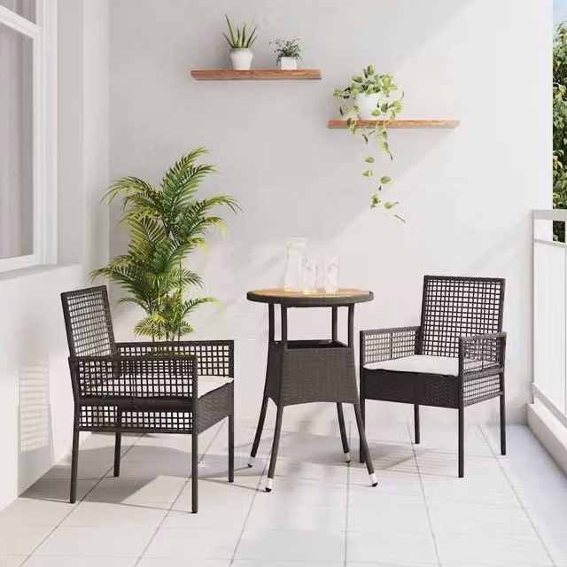Set da pranzo per giardino moderno vidaXL in polyrattan nero e beige, 3 pezzi