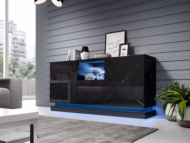 Cassettiera con ante e illuminazione a LED blu LIMA - nero / nero lucido
