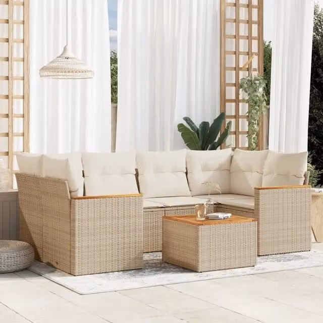 Set Divani da Giardino 7 pz con Cuscini Beige in Polyrattan 3225799