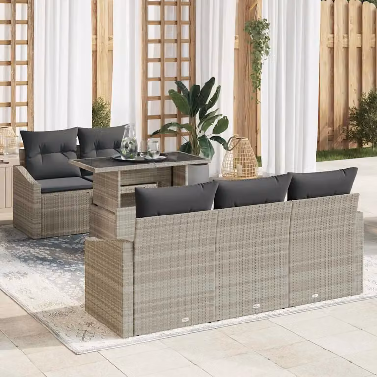 Set Divano da Giardino vidaXL a Forma di L in Polyrattan Grigio con Cuscini e Tavolino da Esterno, 6 Pezzi