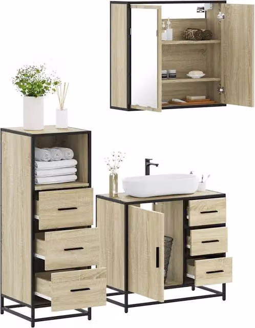 Set Mobili da Bagno Industrial vidaXL in Legno e Metallo, Colore Beige con Armadietto Specchio, Mobile Lavabo e Pensile a Parete con Illuminazione LED