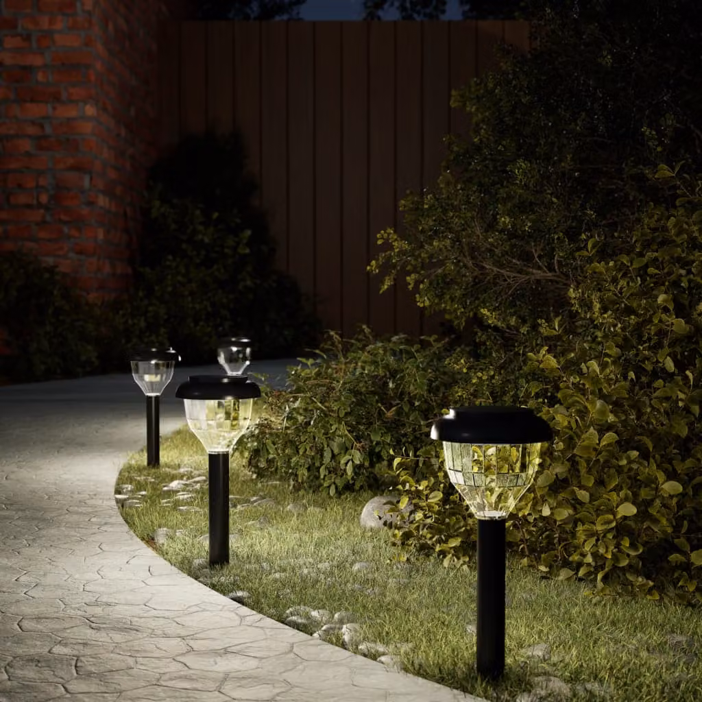 Set di 4 luci solari LED vidaXL per percorsi da giardino con picchetti, multicolore RGBW e bianco caldo, con sensore crepuscolare e protezione IP44