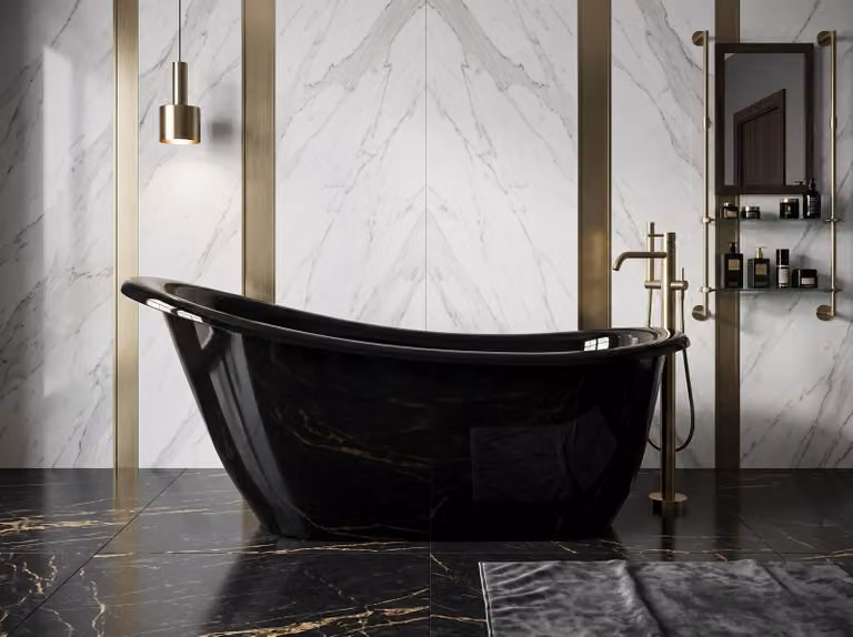Vasca da bagno indipendente Modern 180 cm, nera, in composito DUO, senza piedini; vasca da bagno moderna Jadwiga Slipper, nera sia all'interno che all'esterno, con poggiatesta