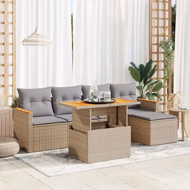 Set Divano da Giardino 6 pz con Cuscini Beige Polyrattan Acacia 3327475