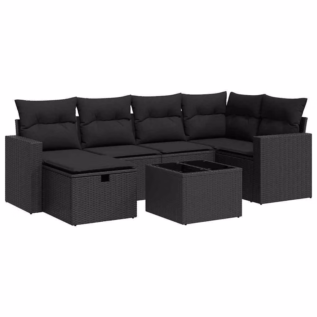 Set Divani da Giardino con Cuscini 7pz Nero Polyrattan