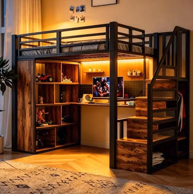 Letto a soppalco in metallo 90x200 cm con armadio, scrivania e LED multicolore, nero