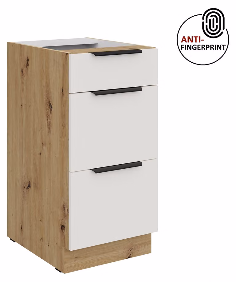 Mobile base da cucina da 40 cm, cucina ARIA bianco ultra opaco + rovere Artisan opaco, frontali di alta qualità con rivestimento anti-impronta, mobile da cucina con chiusura ammortizzata