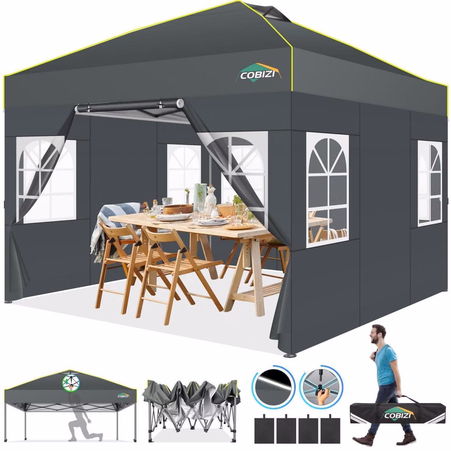 Gazebo da esterno 3x3 metri, impermeabile, stabile, di colore grigio, con 4 pareti laterali