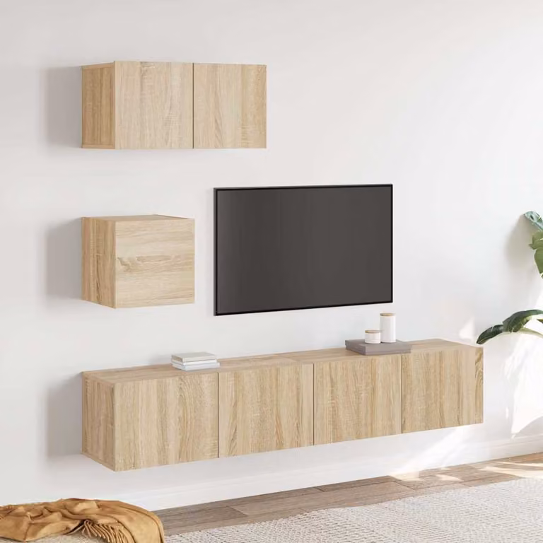 Set di 4 mobili porta TV moderni vidaXL in legno MDF color rovere, sospesi a parete per soggiorno, L/P/H: 80 x 30 x 30 cm