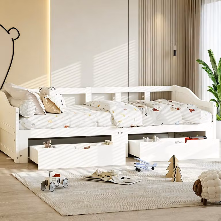 Letto a giorno estendibile INONEFT, 90/180x200 cm, divano letto con 2 cassetti, combinazione divano-letto, struttura in legno massello, senza materasso, colore bianco.