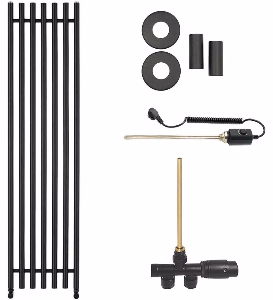 CERANO - Set radiatore da bagno Valerio - riscaldamento combinato, barra termica - attacco laterale a punto singolo - 872 W - nero opaco - 1560 x 390 mm