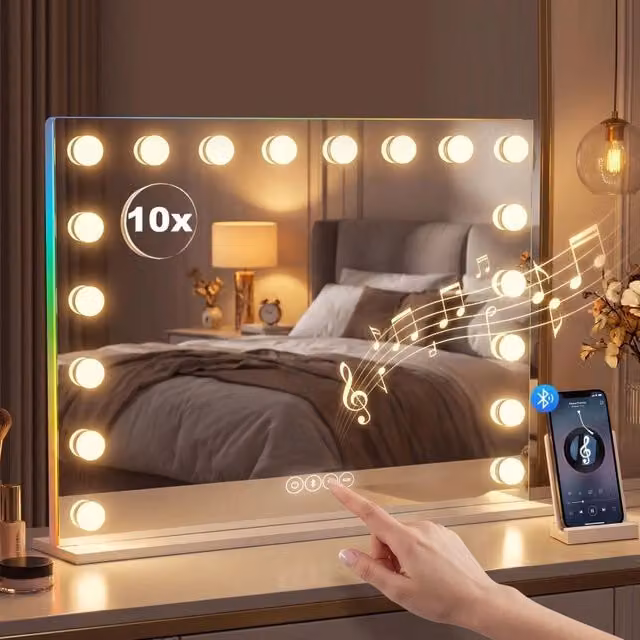 Specchio trucco Hollywood con 18 LED dimmerabili, Bluetooth, luce RGB, ingrandimento 10x, bianco