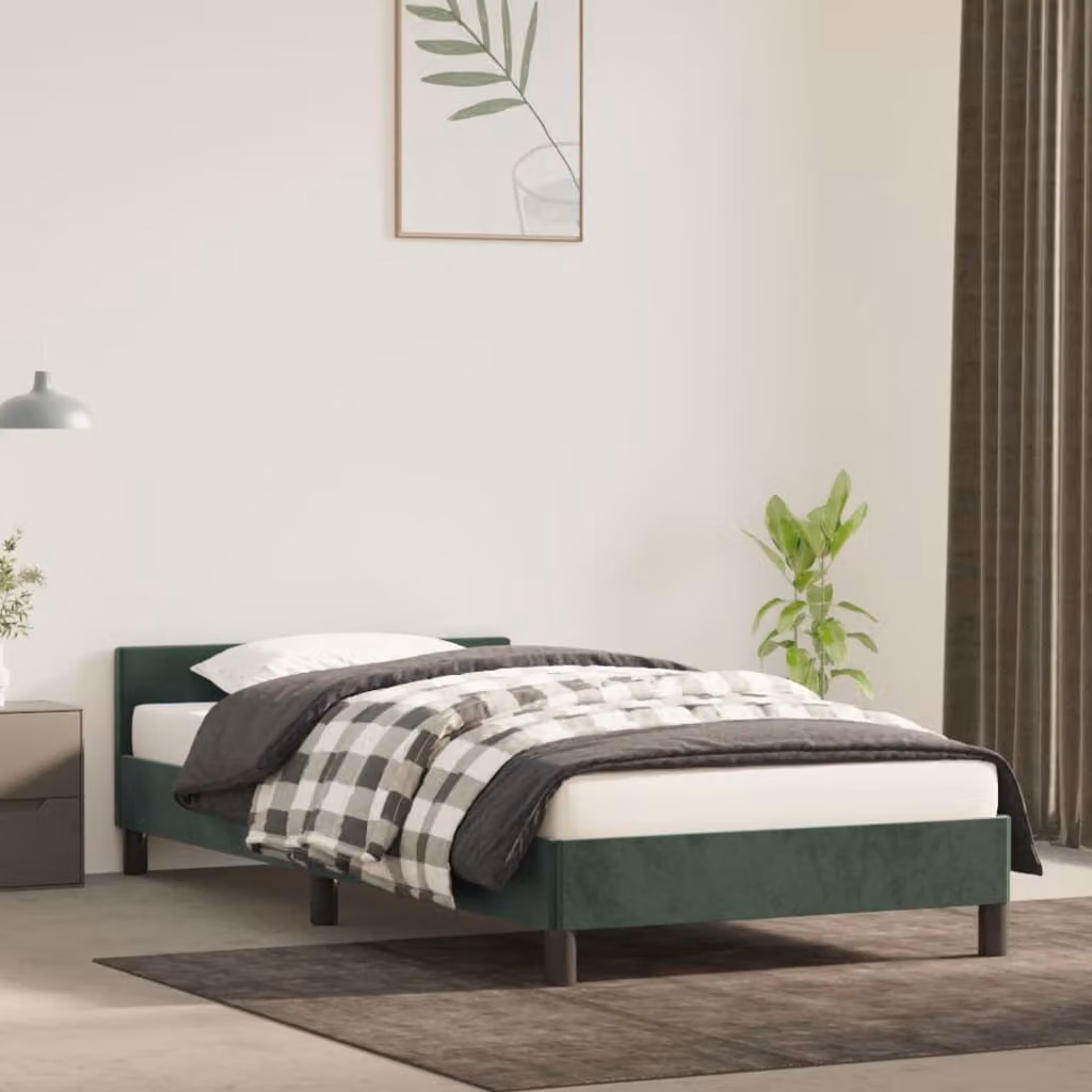The Living Store Struttura letto con testiera in velluto verde scuro 90x190 cm